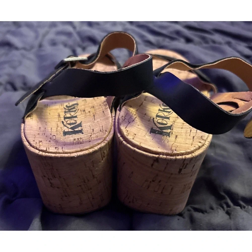 Korks Black Leather Cork Wedge Sandals Size 7M